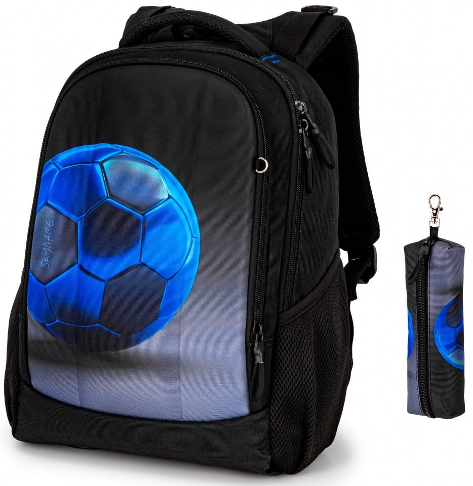 Rucsac școlar - 57-80, design minge de fotbal albastră cu penar inclus