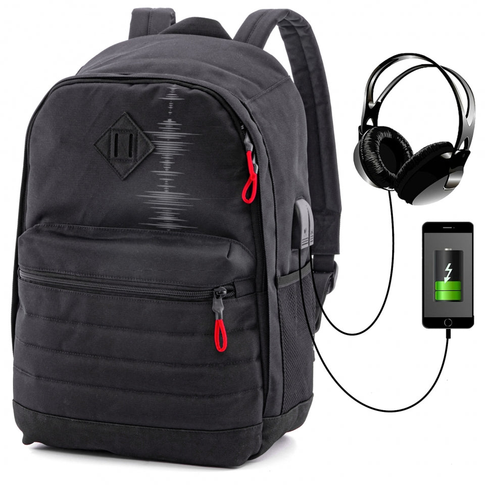 Rucsac școlar - 80-43, design cu unde sonore roșii și port USB/Audio