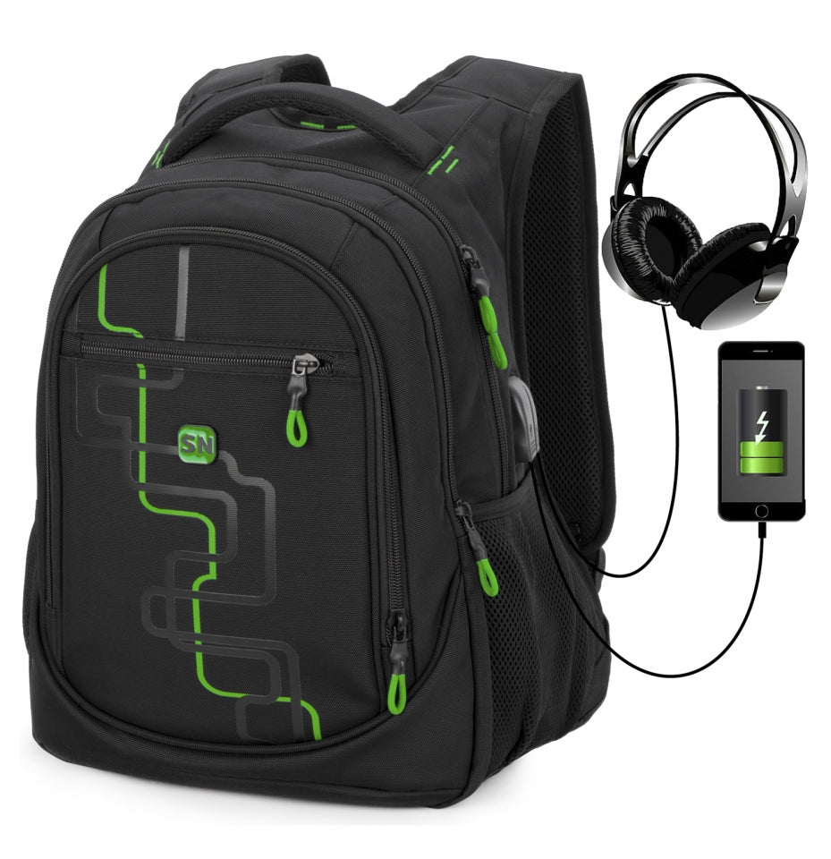 Школьный рюкзак - 90-140 зеленый, дизайн кибер-схем и порт USB/Audio