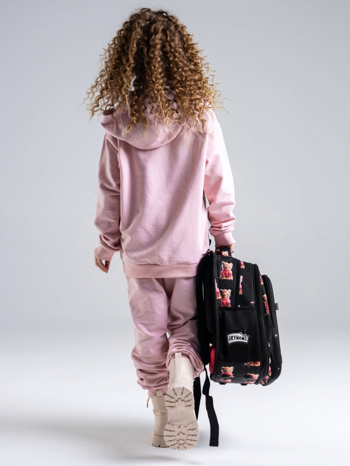 Rucsac școlar - R1-064, design Pui de Leopard în pulover și breloc ursuleț