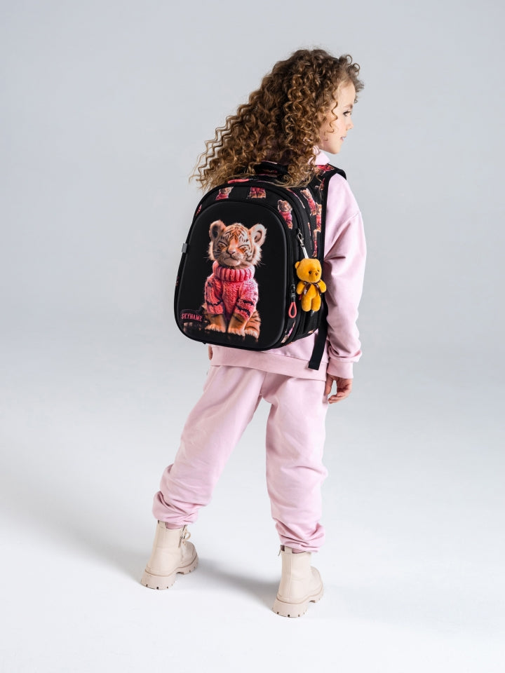 Rucsac școlar - R1-064, design Pui de Leopard în pulover și breloc ursuleț