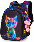 Rucsac școlar - R1-066, design Pisicuță Curcubeu Neon