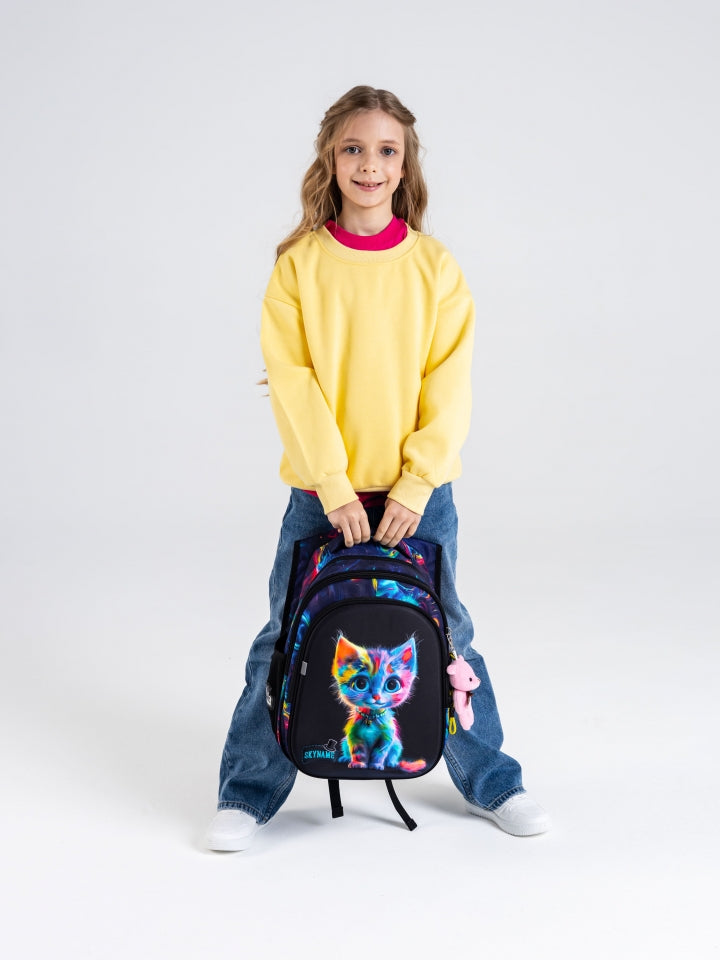 Rucsac școlar - R1-066, design Pisicuță Curcubeu Neon
