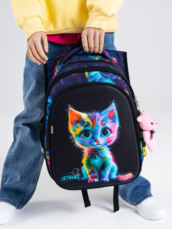 Rucsac școlar - R1-066, design Pisicuță Curcubeu Neon