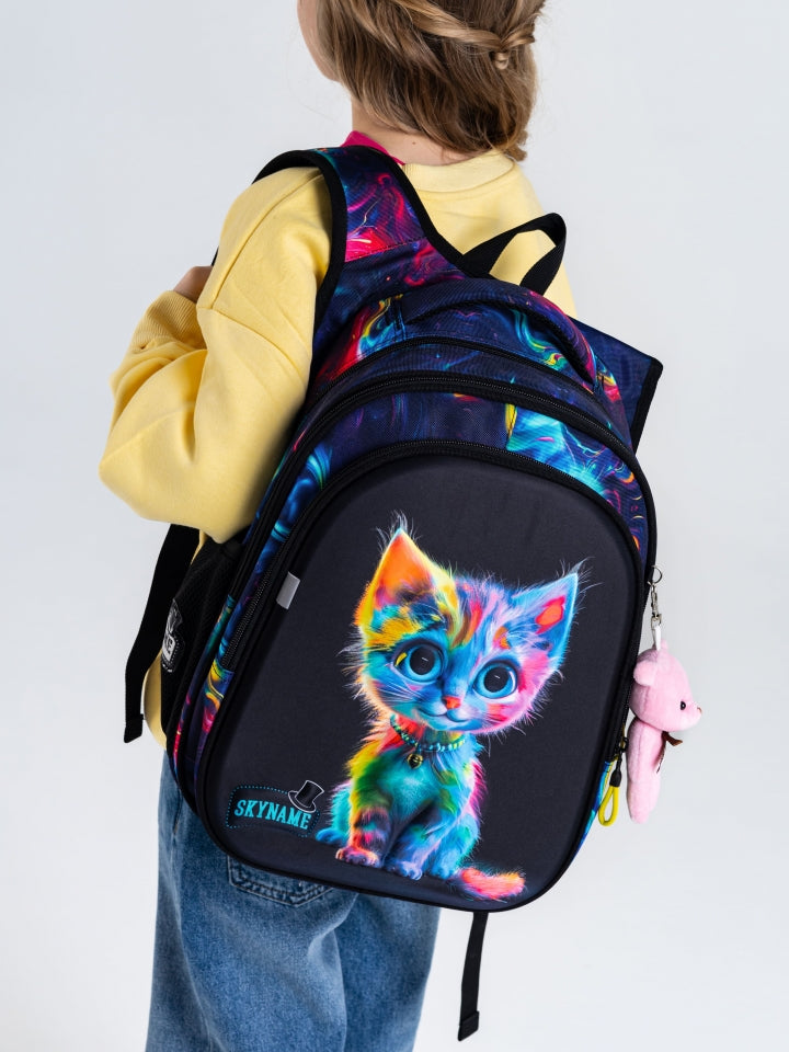 Rucsac școlar - R1-066, design Pisicuță Curcubeu Neon