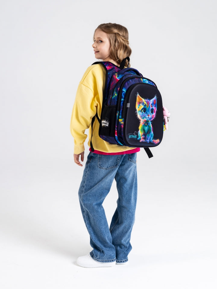Rucsac școlar - R1-066, design Pisicuță Curcubeu Neon