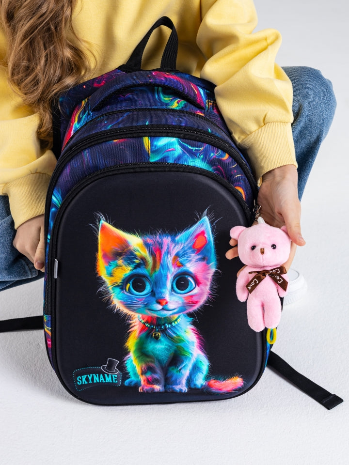 Rucsac școlar - R1-066, design Pisicuță Curcubeu Neon