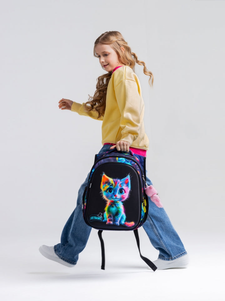 Rucsac școlar - R1-066, design Pisicuță Curcubeu Neon