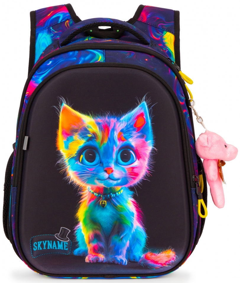 Rucsac școlar - R1-066, design Pisicuță Curcubeu Neon