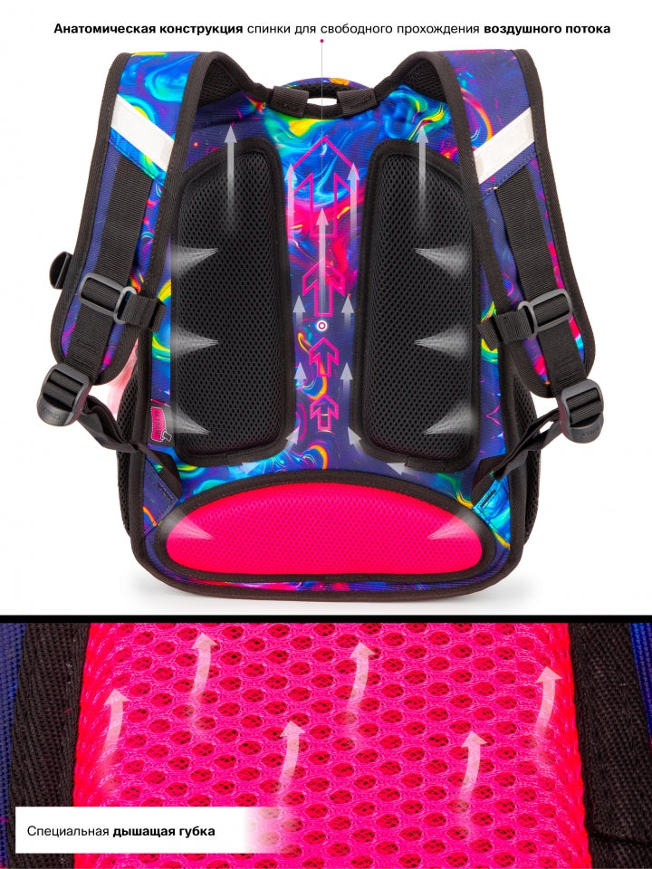 Rucsac școlar - R1-066, design Pisicuță Curcubeu Neon