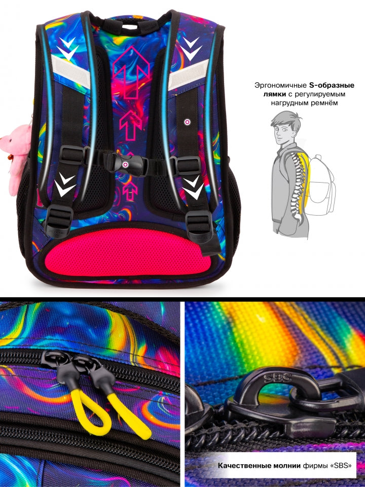 Rucsac școlar - R1-066, design Pisicuță Curcubeu Neon