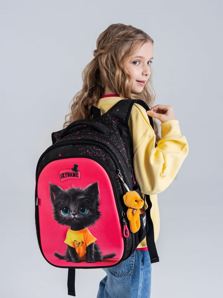 Rucsac școlar - R1-069, design Pisicuță Neagră în Tricou Galben