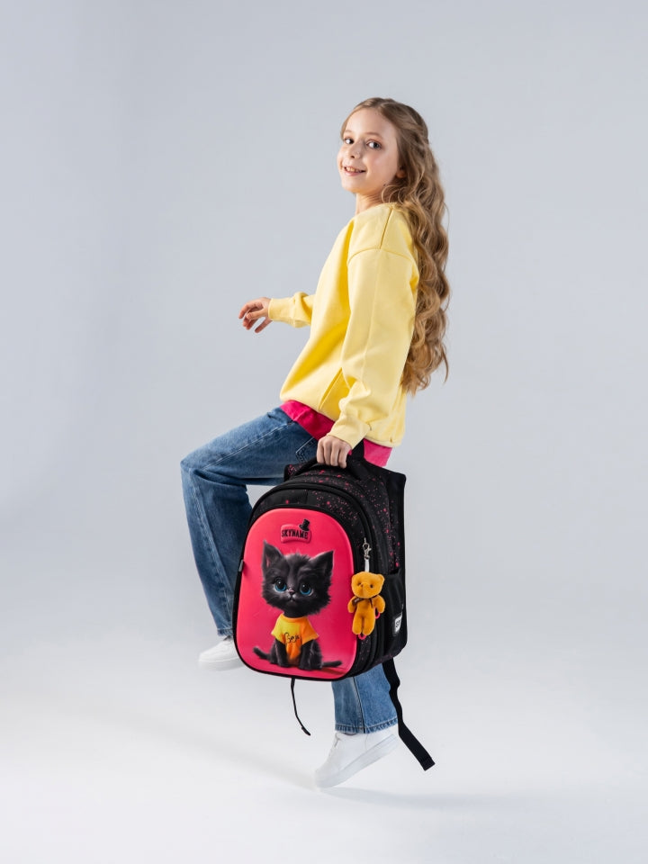 Rucsac școlar - R1-069, design Pisicuță Neagră în Tricou Galben