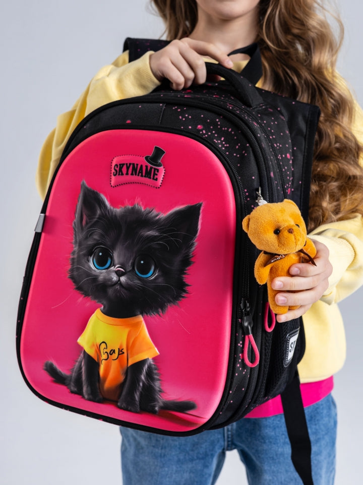 Rucsac școlar - R1-069, design Pisicuță Neagră în Tricou Galben