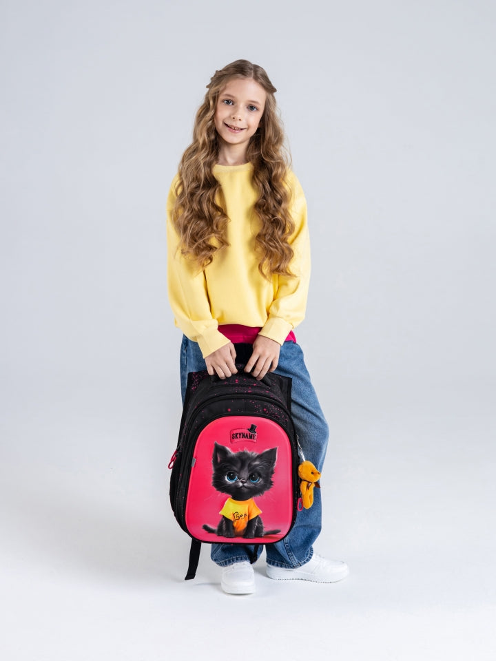 Rucsac școlar - R1-069, design Pisicuță Neagră în Tricou Galben