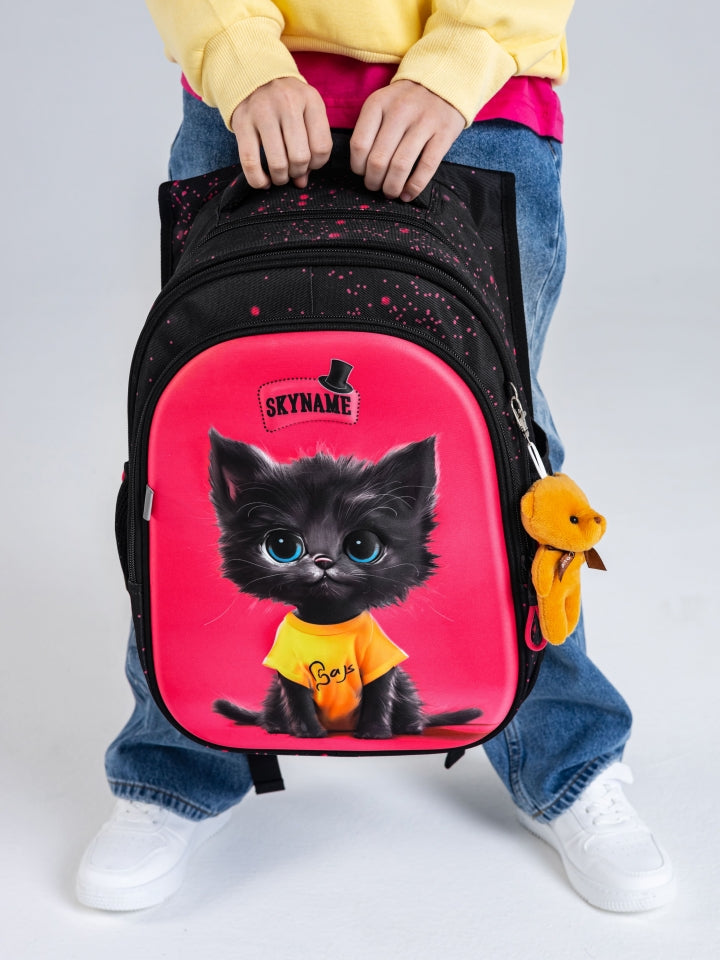 Rucsac școlar - R1-069, design Pisicuță Neagră în Tricou Galben