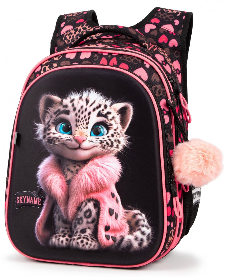 Rucsac școlar - R1-077, design Pui de Leopard cu Inimioare Roz