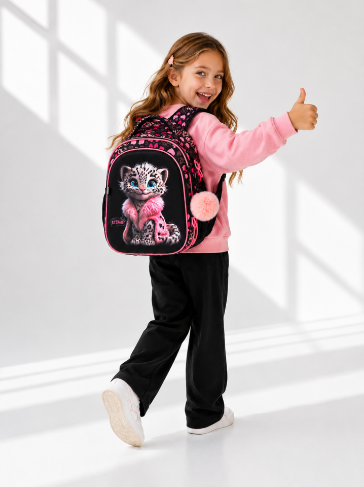 Rucsac școlar - R1-077, design Pui de Leopard cu Inimioare Roz