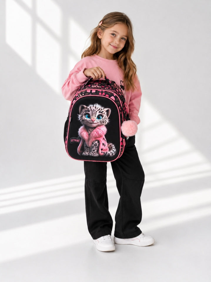 Rucsac școlar - R1-077, design Pui de Leopard cu Inimioare Roz