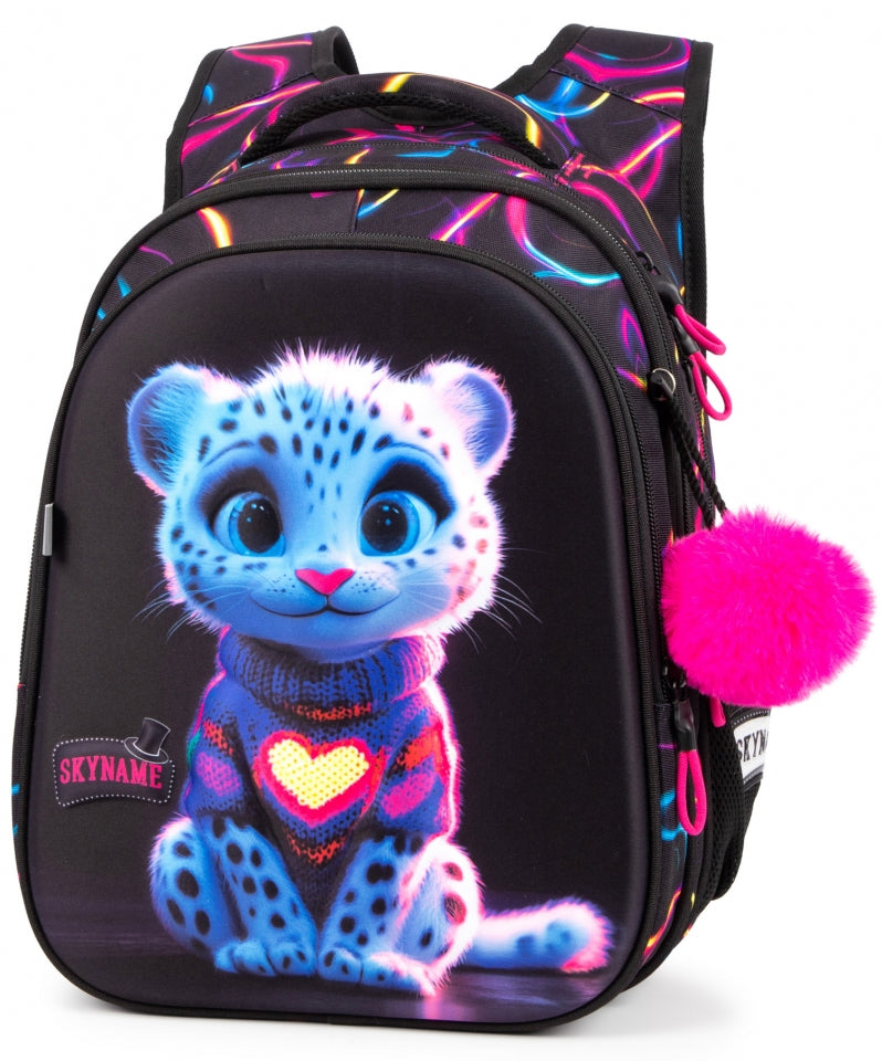 Rucsac școlar - R1-078, design Leopard Albastru Neon cu Inimă