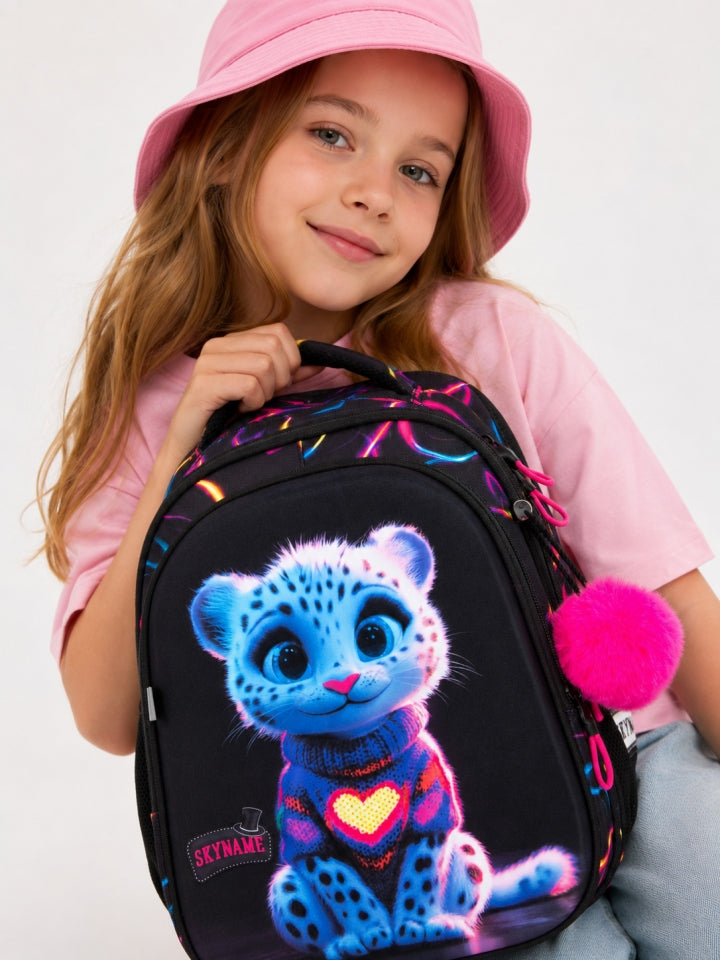 Rucsac școlar - R1-078, design Leopard Albastru Neon cu Inimă