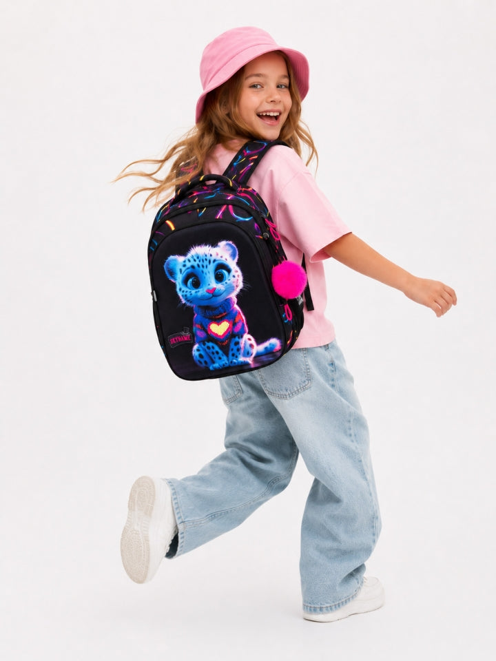 Rucsac școlar - R1-078, design Leopard Albastru Neon cu Inimă