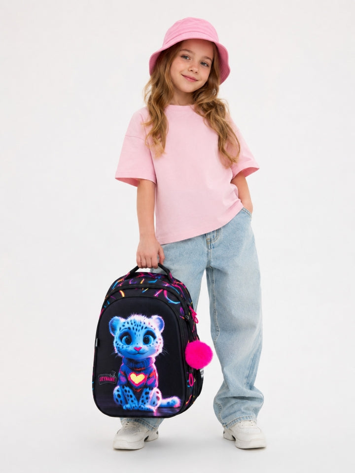 Rucsac școlar - R1-078, design Leopard Albastru Neon cu Inimă
