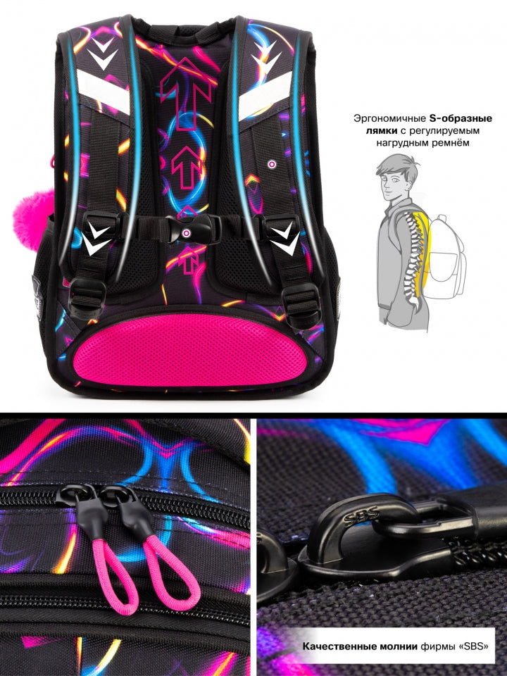 Rucsac școlar - R1-078, design Leopard Albastru Neon cu Inimă