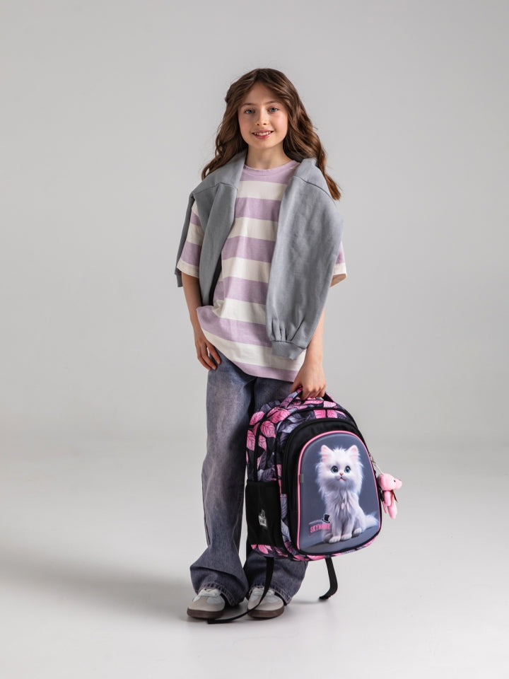 Школьный рюкзак - R2-216, дизайн «Белый пушистый котенок» и брелок «Медвежонок»