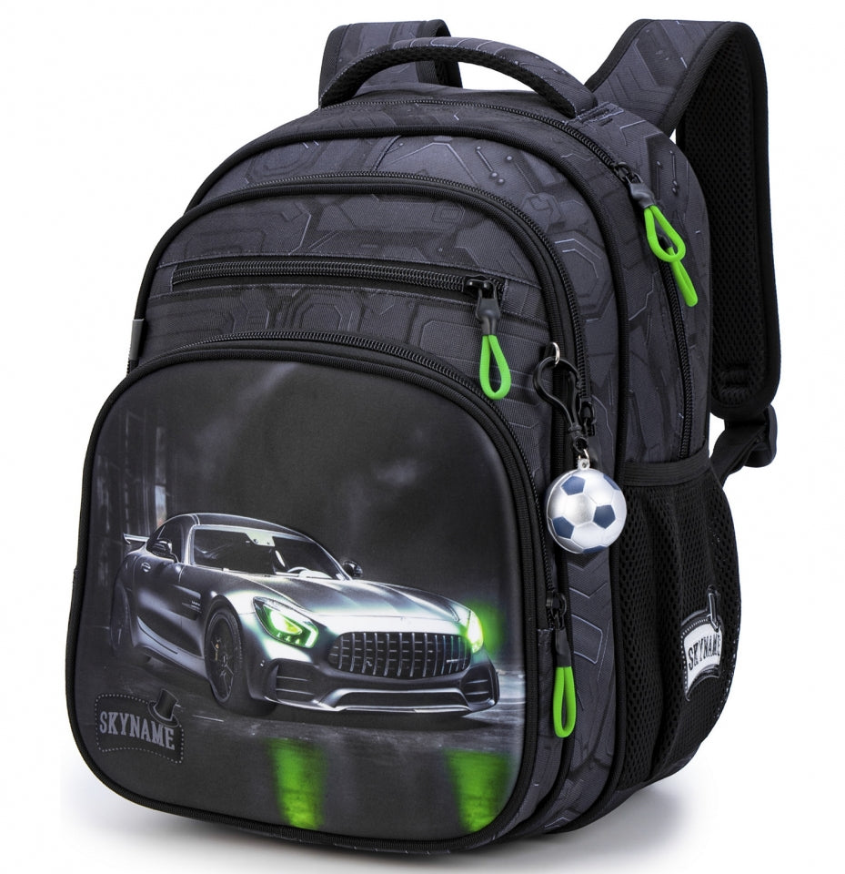 Rucsac școlar - R3-276, design Mașină sport cu neon verde