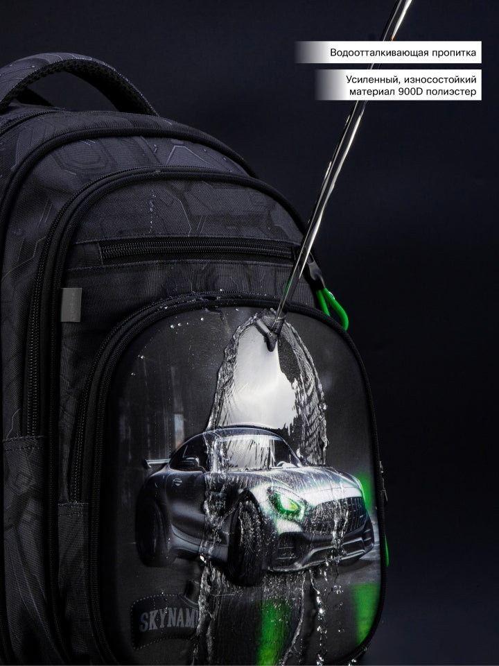 Rucsac școlar - R3-276, design Mașină sport cu neon verde