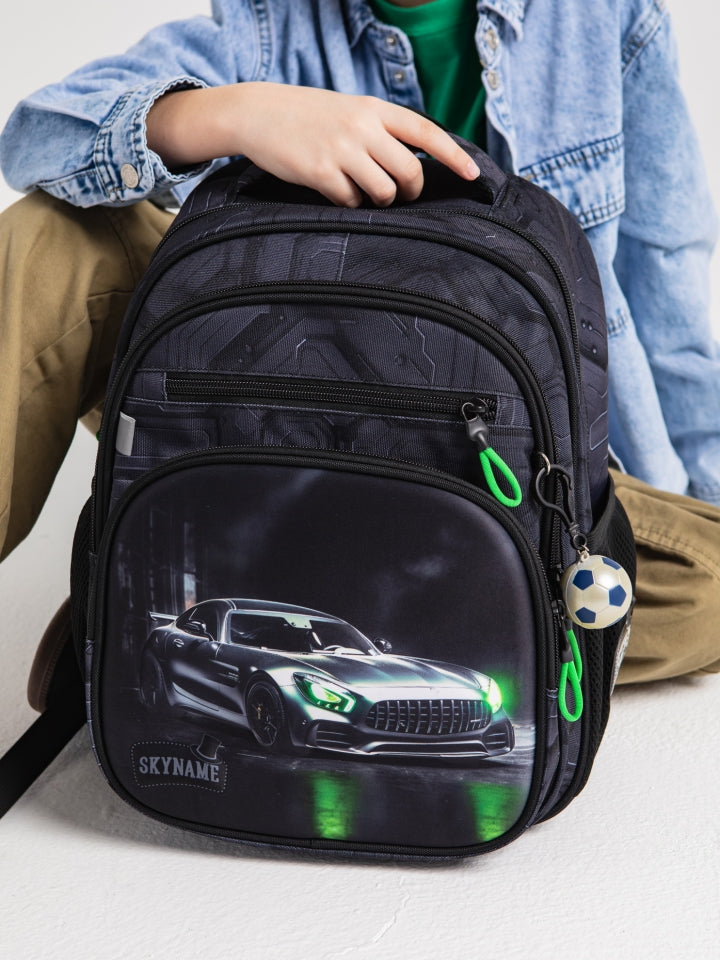 Rucsac școlar - R3-276, design Mașină sport cu neon verde