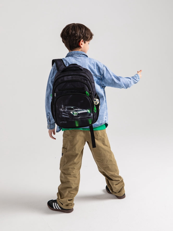 Rucsac școlar - R3-276, design Mașină sport cu neon verde