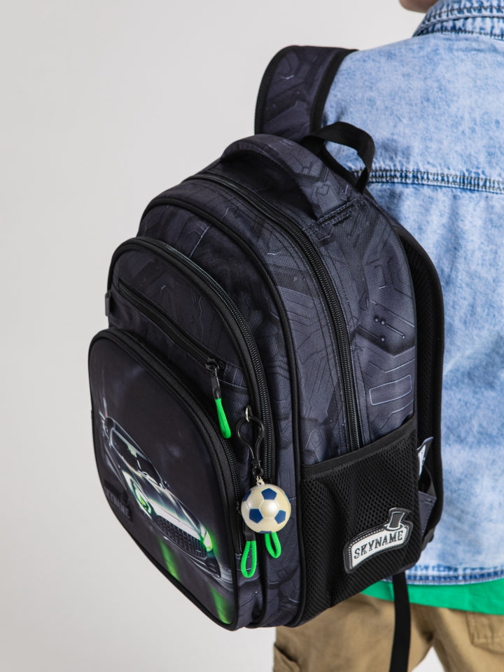 Rucsac școlar - R3-276, design Mașină sport cu neon verde