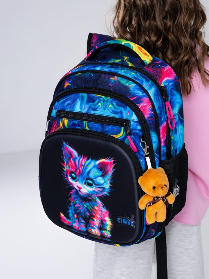 Школьный рюкзак - R3-282, дизайн Неоновая Радужная Кошечка и брелок-мишка