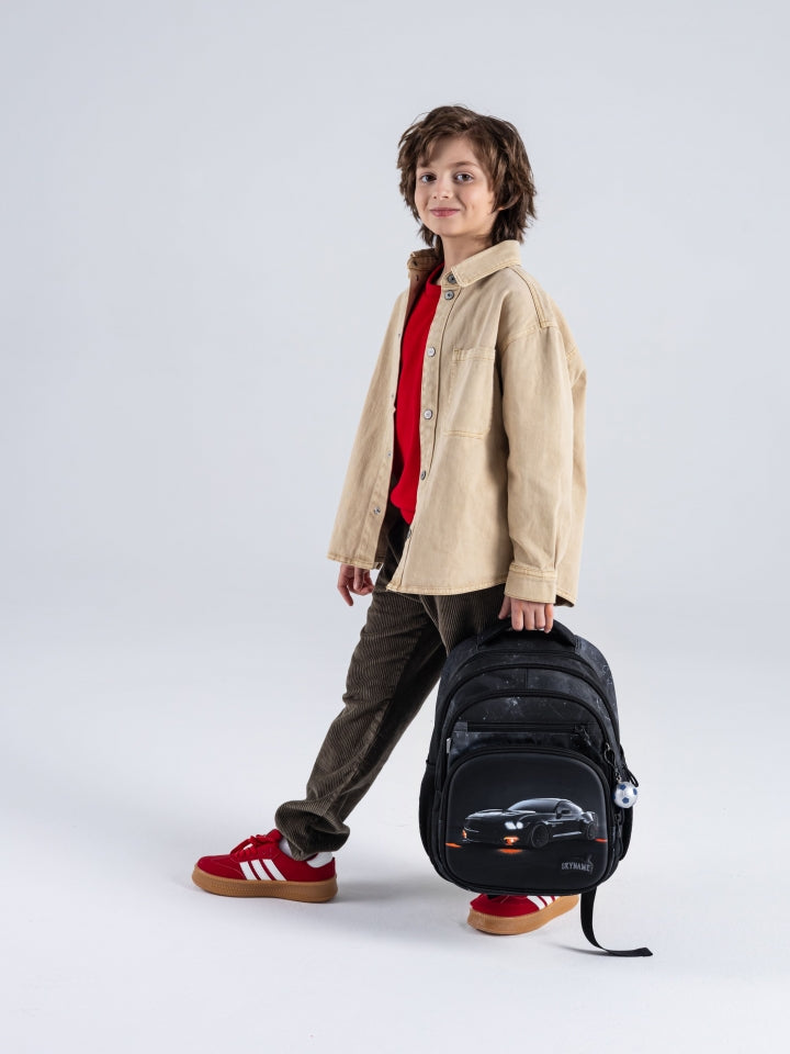 Rucsac școlar - R3-283, design Mașină sport cu lumini portocalii
