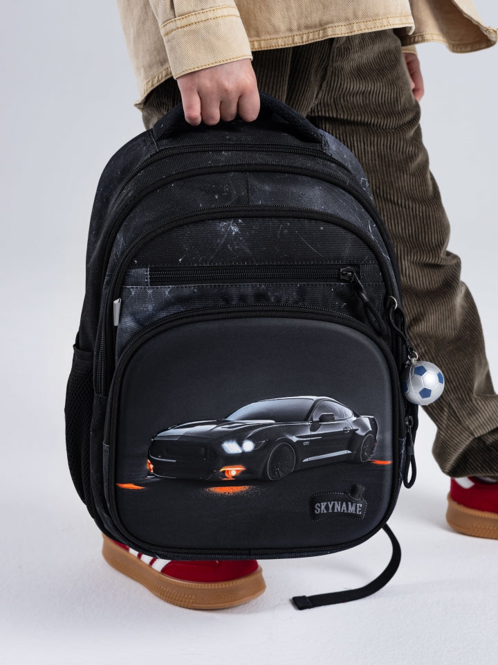 Rucsac școlar - R3-283, design Mașină sport cu lumini portocalii