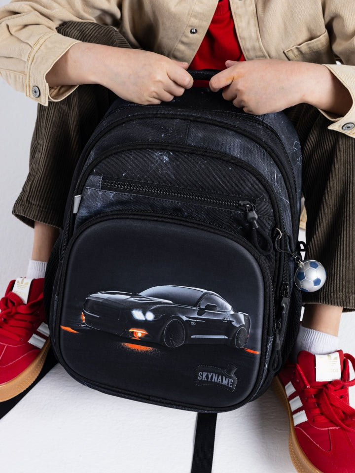 Rucsac școlar - R3-283, design Mașină sport cu lumini portocalii