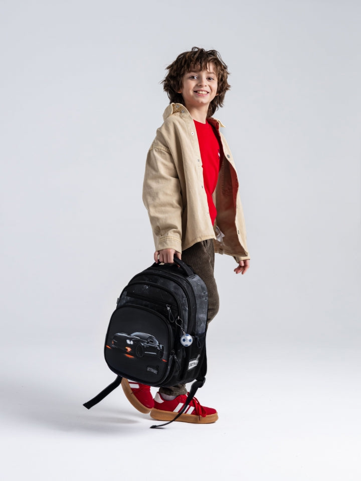 Rucsac școlar - R3-283, design Mașină sport cu lumini portocalii