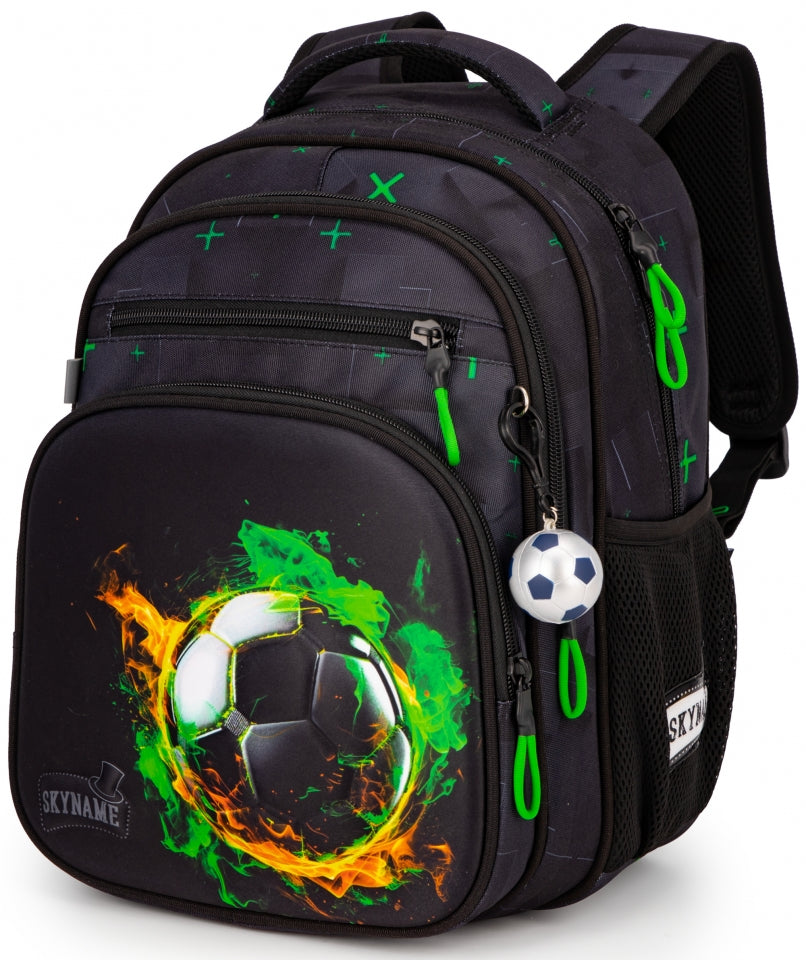 Rucsac școlar - R3-284, design Minge de fotbal în flăcări verzi