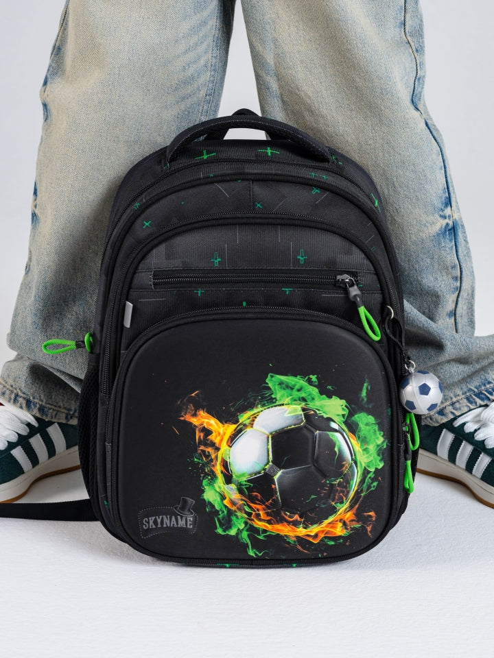 Rucsac școlar - R3-284, design Minge de fotbal în flăcări verzi