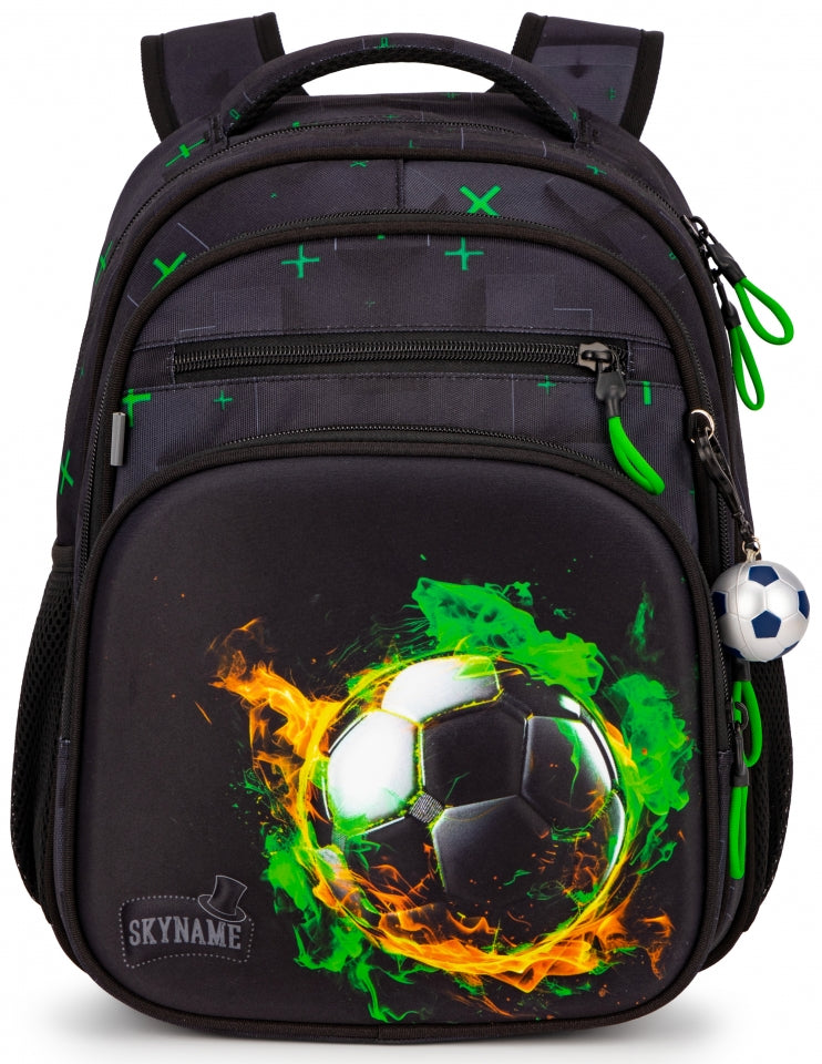 Rucsac școlar - R3-284, design Minge de fotbal în flăcări verzi