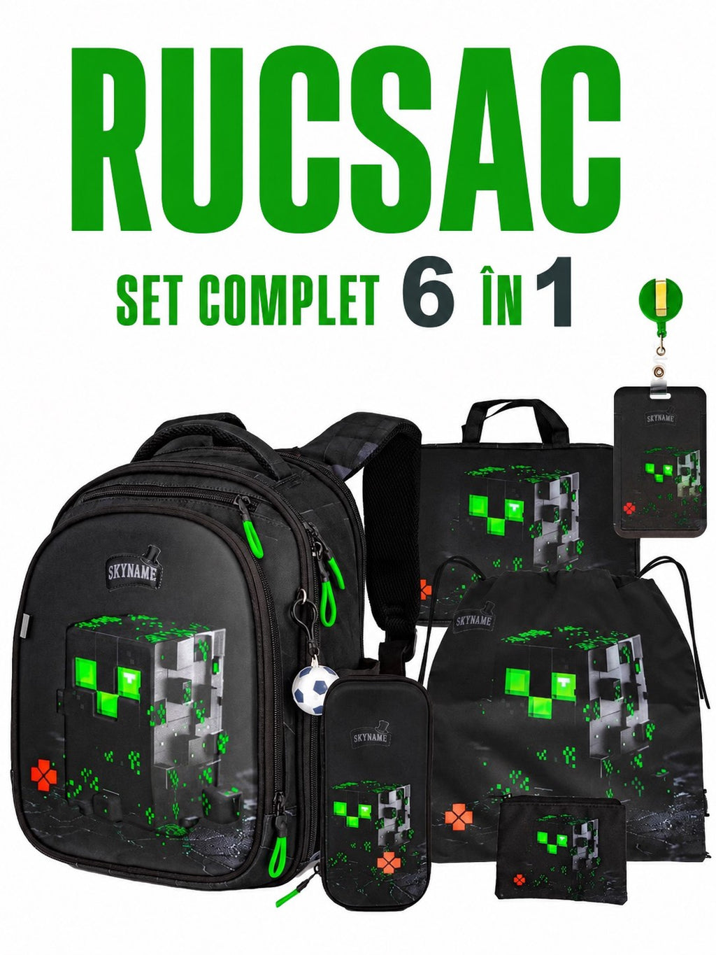 Set Rucsac școlar - RK-605, design Minecraft Creeper (6 în 1)